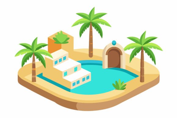 Asian Cafe House with Pool and Trees Illustration