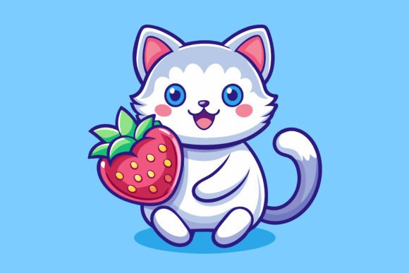 The Enduring Charm of the Cartoon Cat Holding Strawberry Fruit in Vector Art