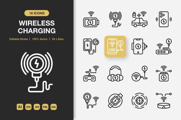 Wireless Charging Outline Icons: Minimalist Design Power